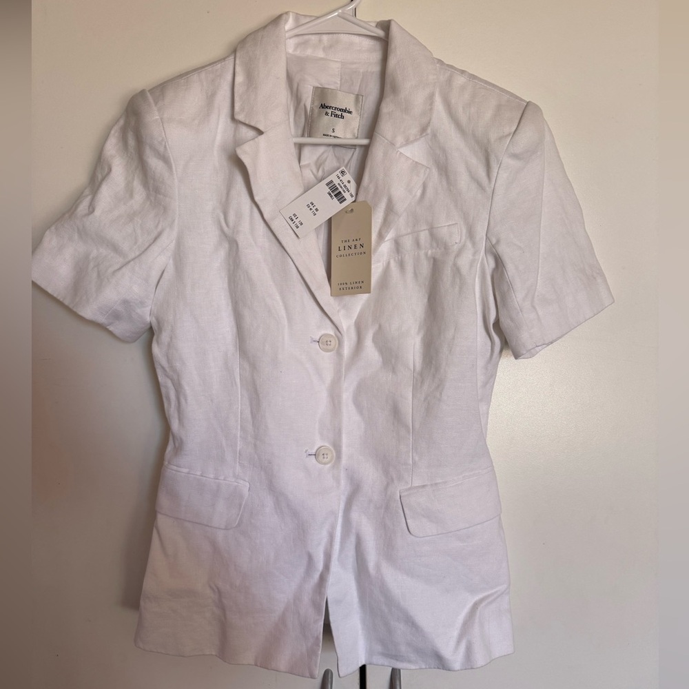 Abercrombie & Fitch White Short-Sleeve Linen Blazer